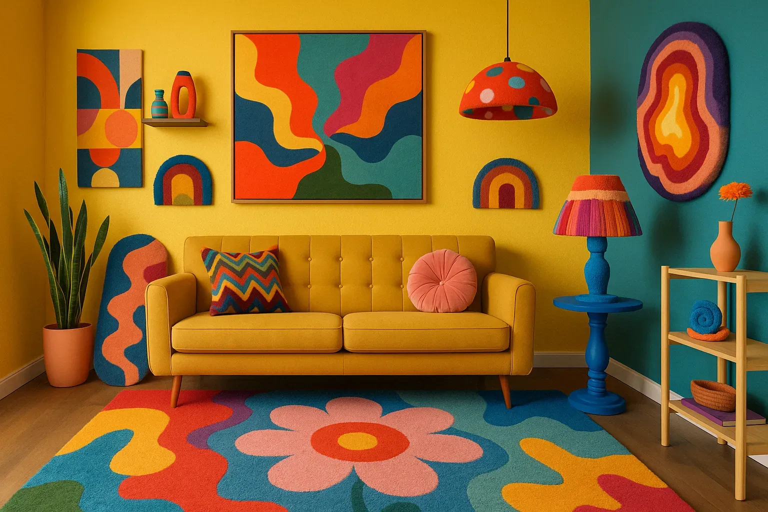 Colorful maximalist room with DIY decor elements